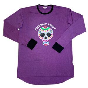 LuLaRoe Hudson Unisex Halloween Long Top Purple Sugar Skull Top T-Shirt SZ S‎ M